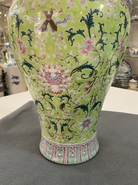 A Chinese famille rose lime-green-ground vase, Qianlong mark, 19/20th C.